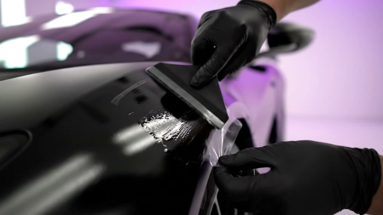 Illustrative clear protective film being fitted to a vehicle panel