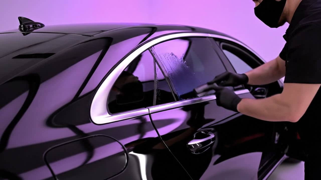 Illustrative window-film installation on a dark vehicle