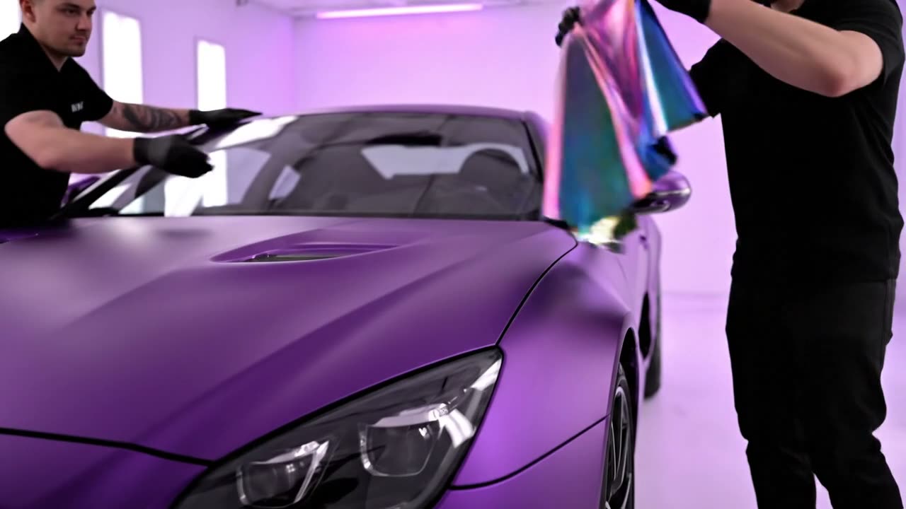 Illustrative satin purple vinyl being installed on a sports coupe