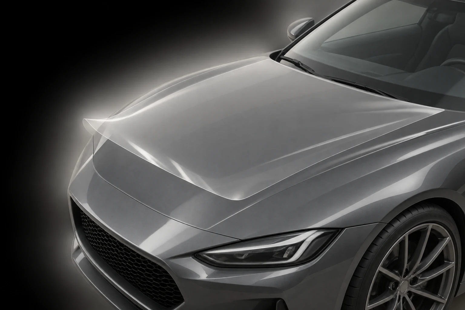 Editorial illustration of transparent paint protection film lifted above the hood of a graphite sports coupe.