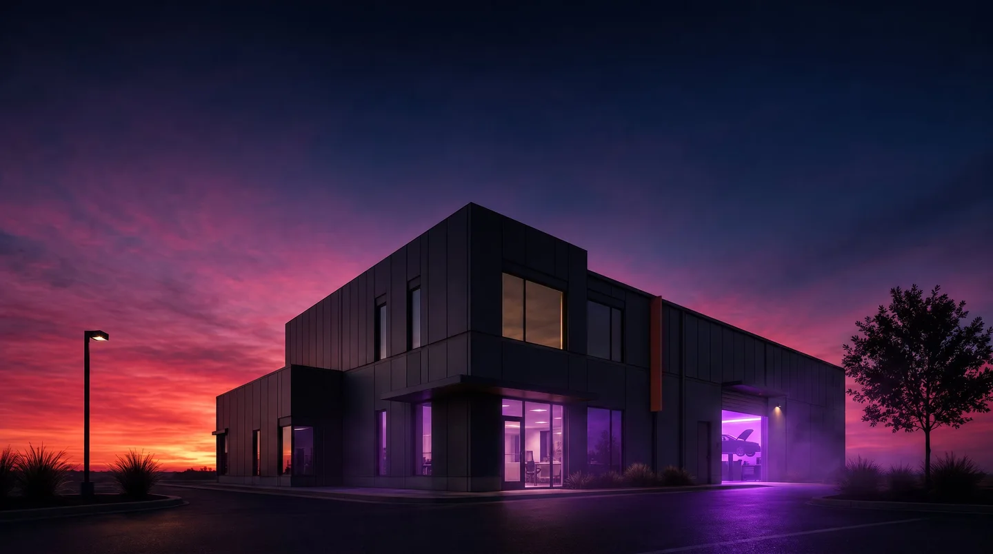 Architectural concept of a modern building at dusk with purple interior lighting