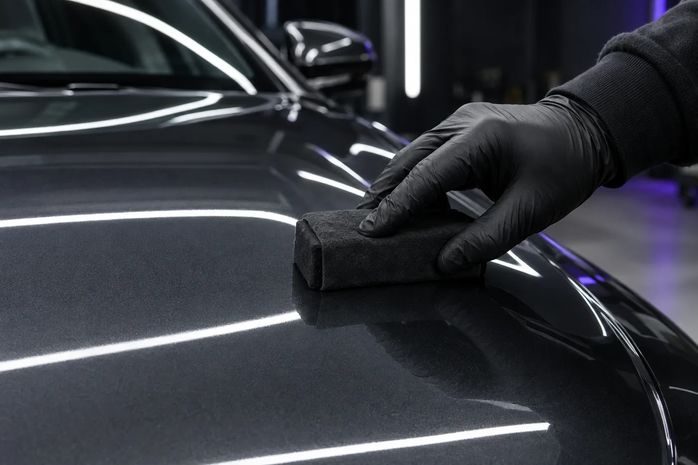 Illustrative coating applicator on a glossy graphite vehicle hood