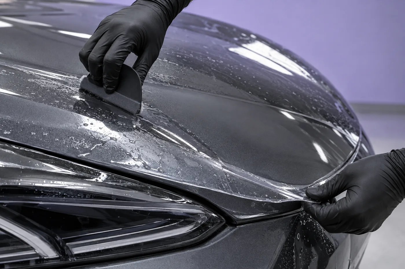 Illustrative close-up of clear paint protection film being smoothed over a hood