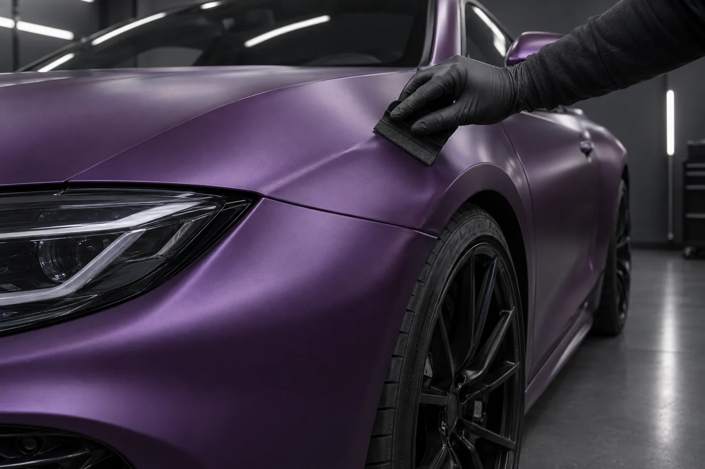 Illustrative satin-purple wrap being smoothed around a vehicle panel