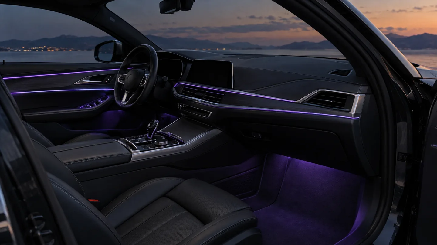 AI concept of violet ambient LED lines across a black leather dashboard and door trim, with footwell lighting.