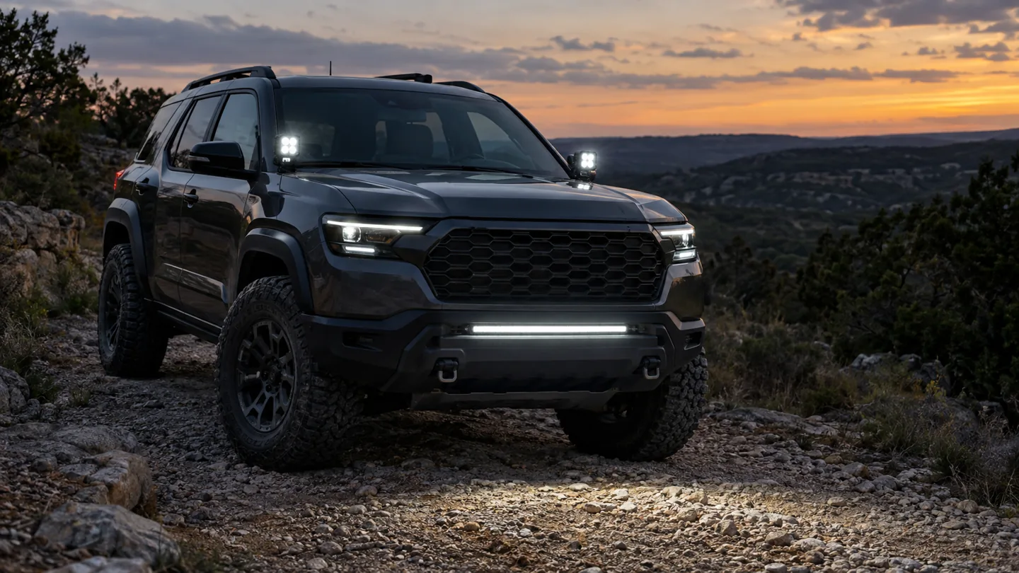 AI concept of an SUV on a private rocky trail with white auxiliary pod lights and a front light bar.