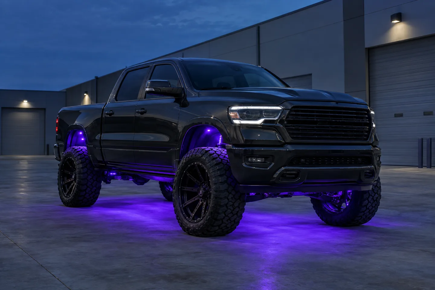 AI concept of a parked charcoal pickup with violet underbody and wheel-well lighting in a private courtyard.
